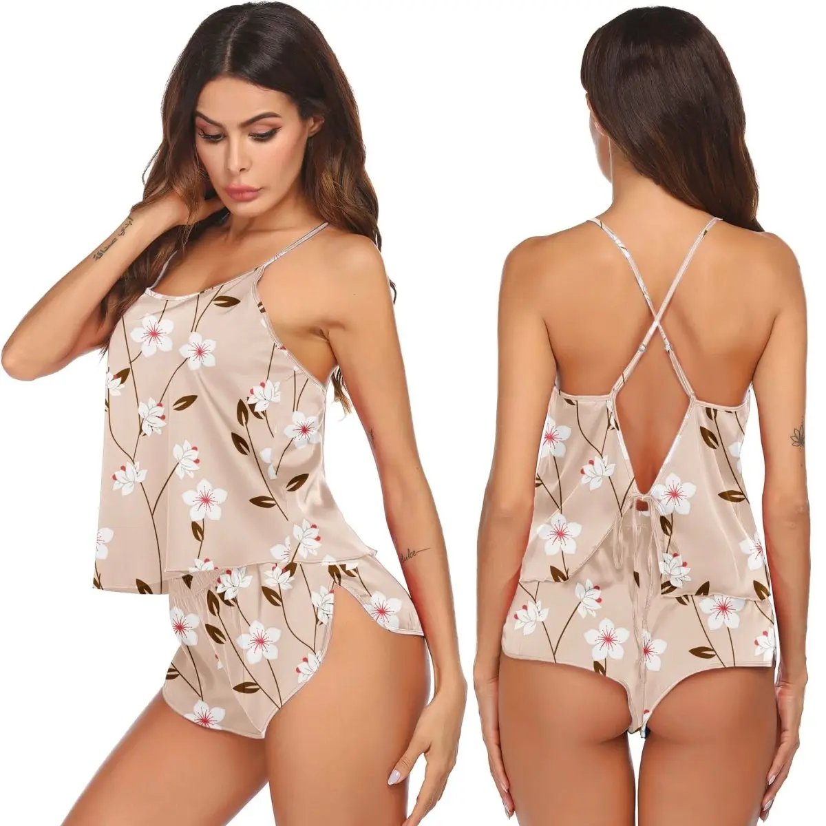 Silk Pajamas Set for Women Satin Backless Lingerie Pjs Cami Top and Shorts Nightwear - Love Salve